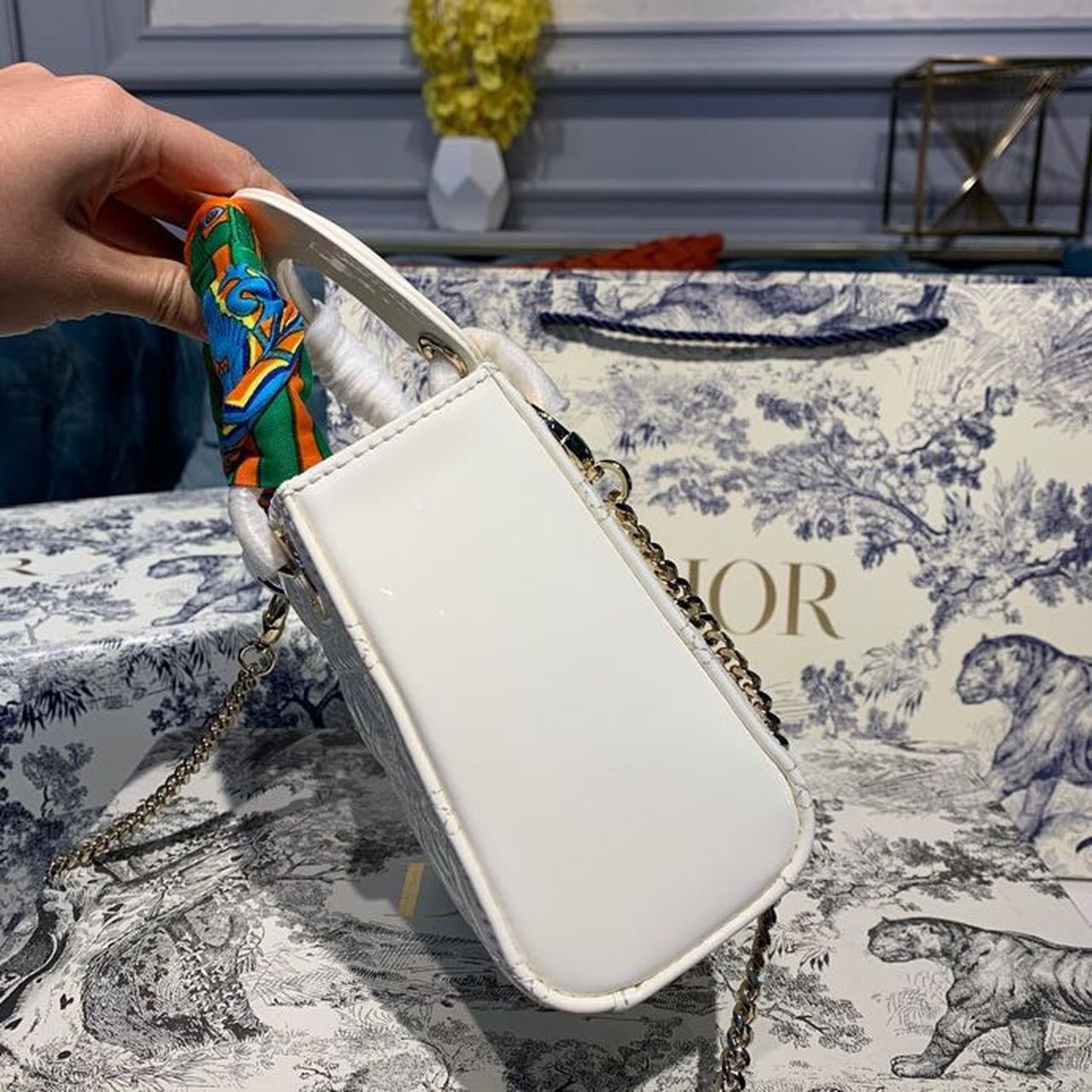 Christian Dior Mini Lady Dior Bag 18cm with Chain Gold Hardware Patent Leather Spring/Summer Collection, White