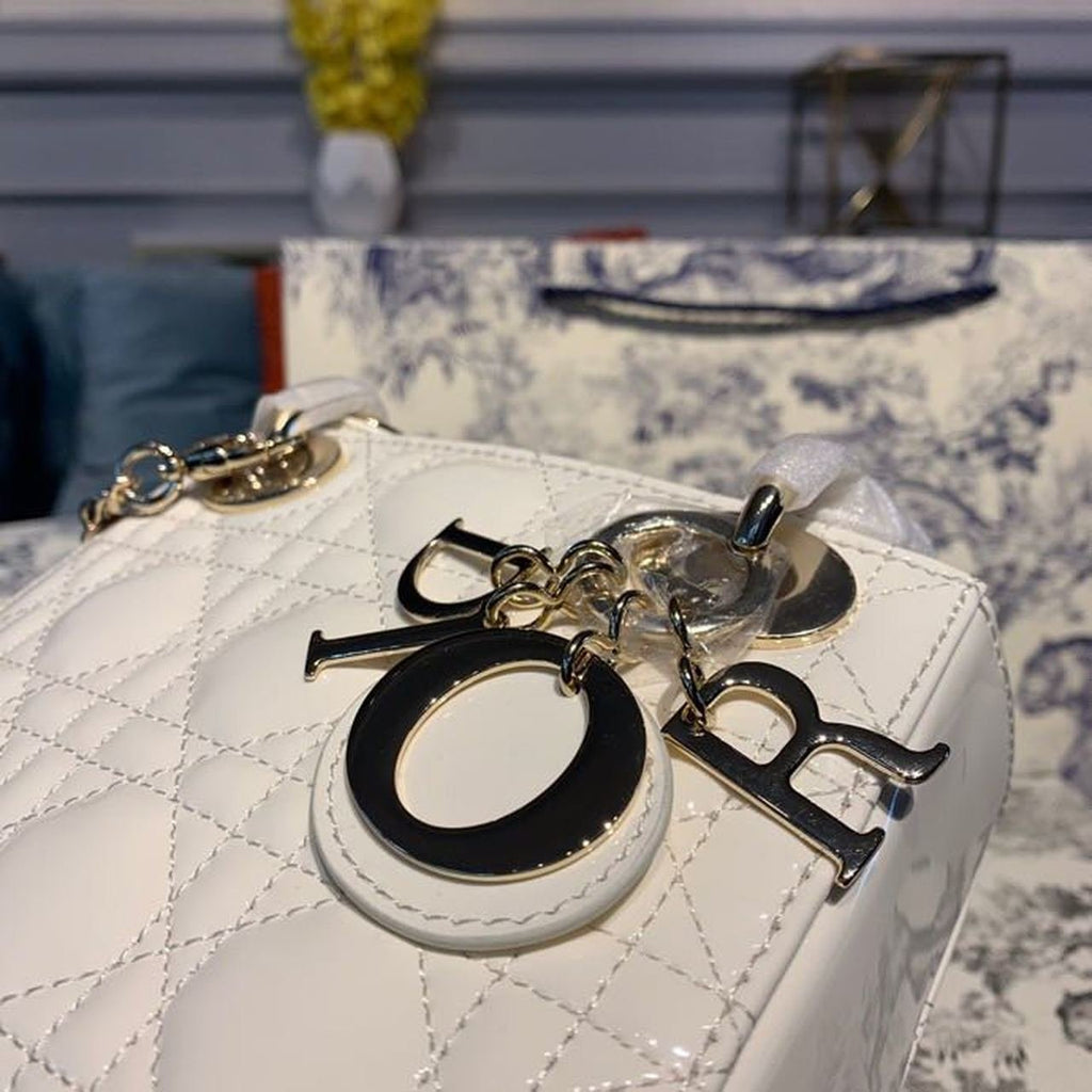 Christian Dior Mini Lady Dior Bag 18cm with Chain Gold Hardware Patent Leather Spring/Summer Collection, White
