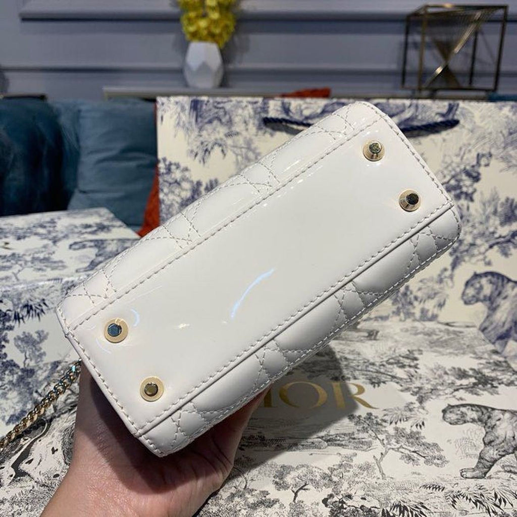 Christian Dior Mini Lady Dior Bag 18cm with Chain Gold Hardware Patent Leather Spring/Summer Collection, White
