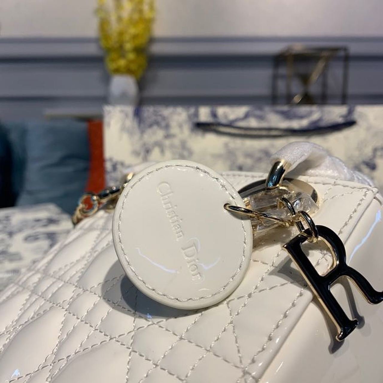 Christian Dior Mini Lady Dior Bag 18cm with Chain Gold Hardware Patent Leather Spring/Summer Collection, White
