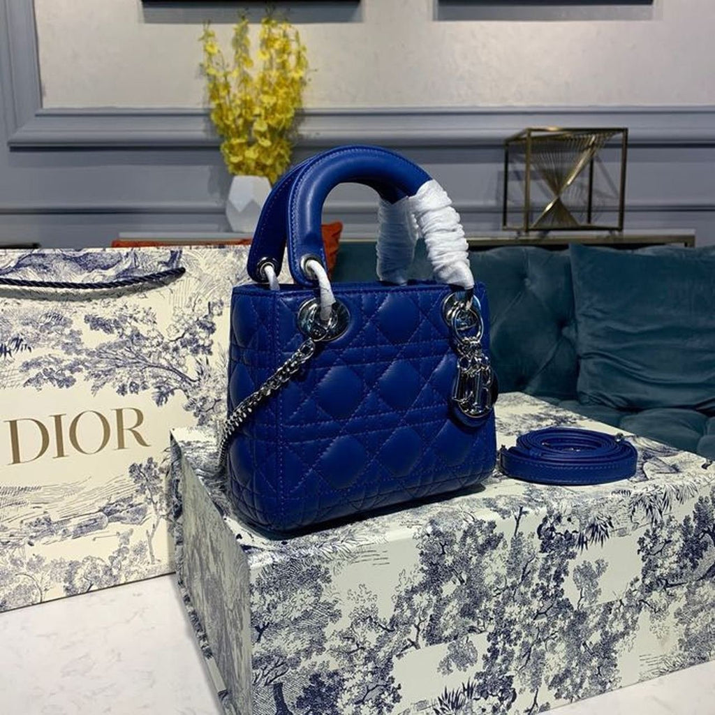 Christian Dior Mini Lady Dior Bag 18cm with Chain Silver Hardware Lambskin Leather Spring/Summer Collection, Electric Blue