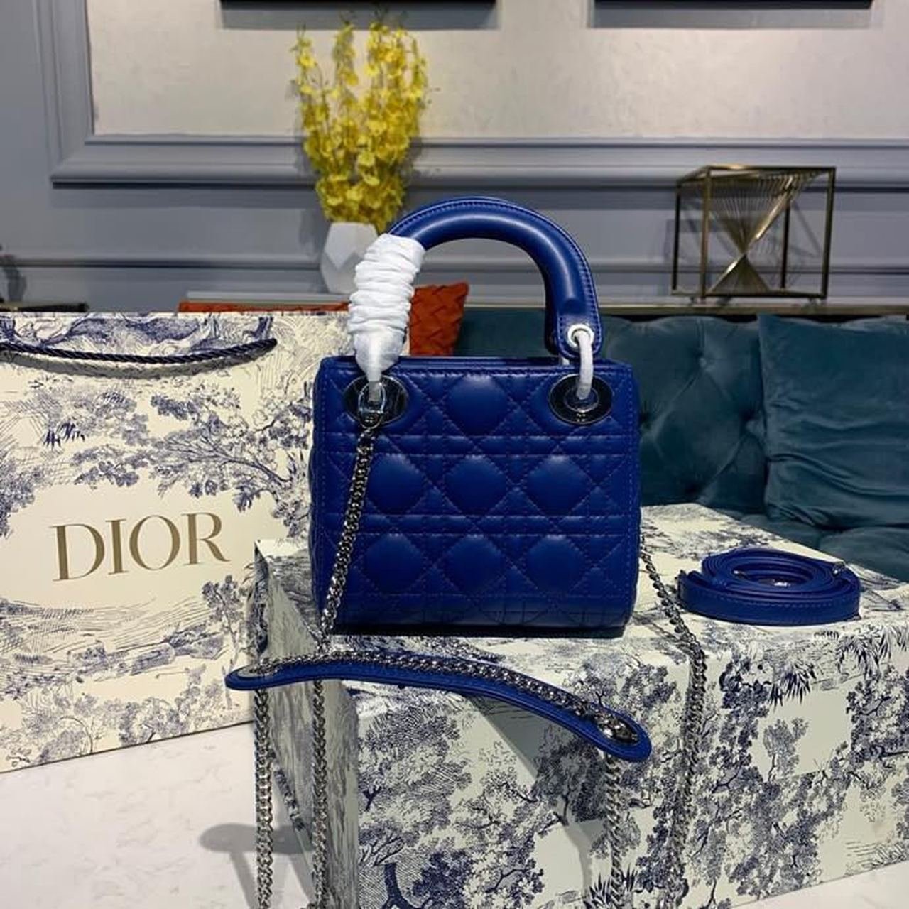 Christian Dior Mini Lady Dior Bag 18cm with Chain Silver Hardware Lambskin Leather Spring/Summer Collection, Electric Blue
