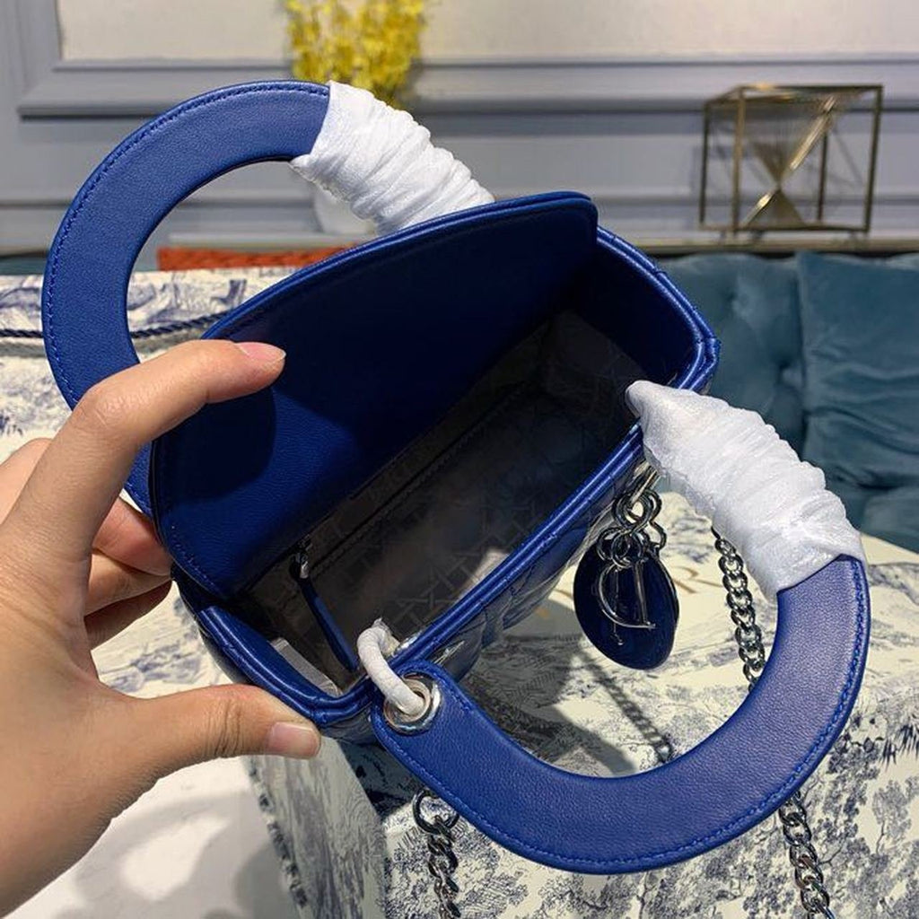 Christian Dior Mini Lady Dior Bag 18cm with Chain Silver Hardware Lambskin Leather Spring/Summer Collection, Electric Blue