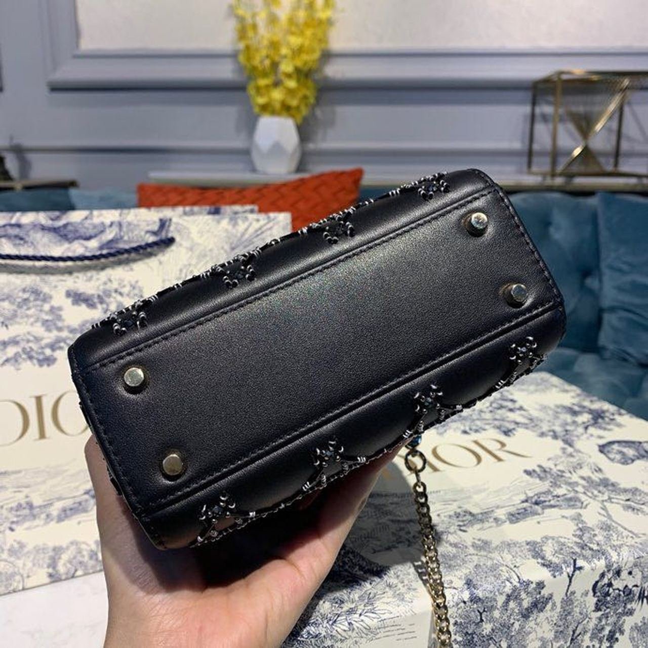 Christian Dior Mini Lady Dior Bag 18cm with Chain Silver Hardware Embroidered Lambskin Leather Spring/Summer Collection, Black