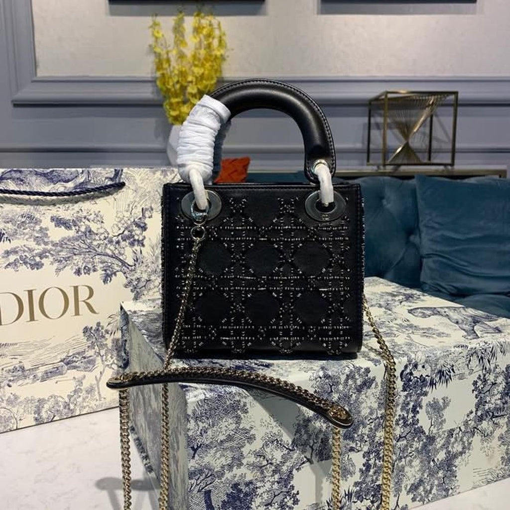 Christian Dior Mini Lady Dior Bag 18cm with Chain Silver Hardware Embroidered Lambskin Leather Spring/Summer Collection, Black
