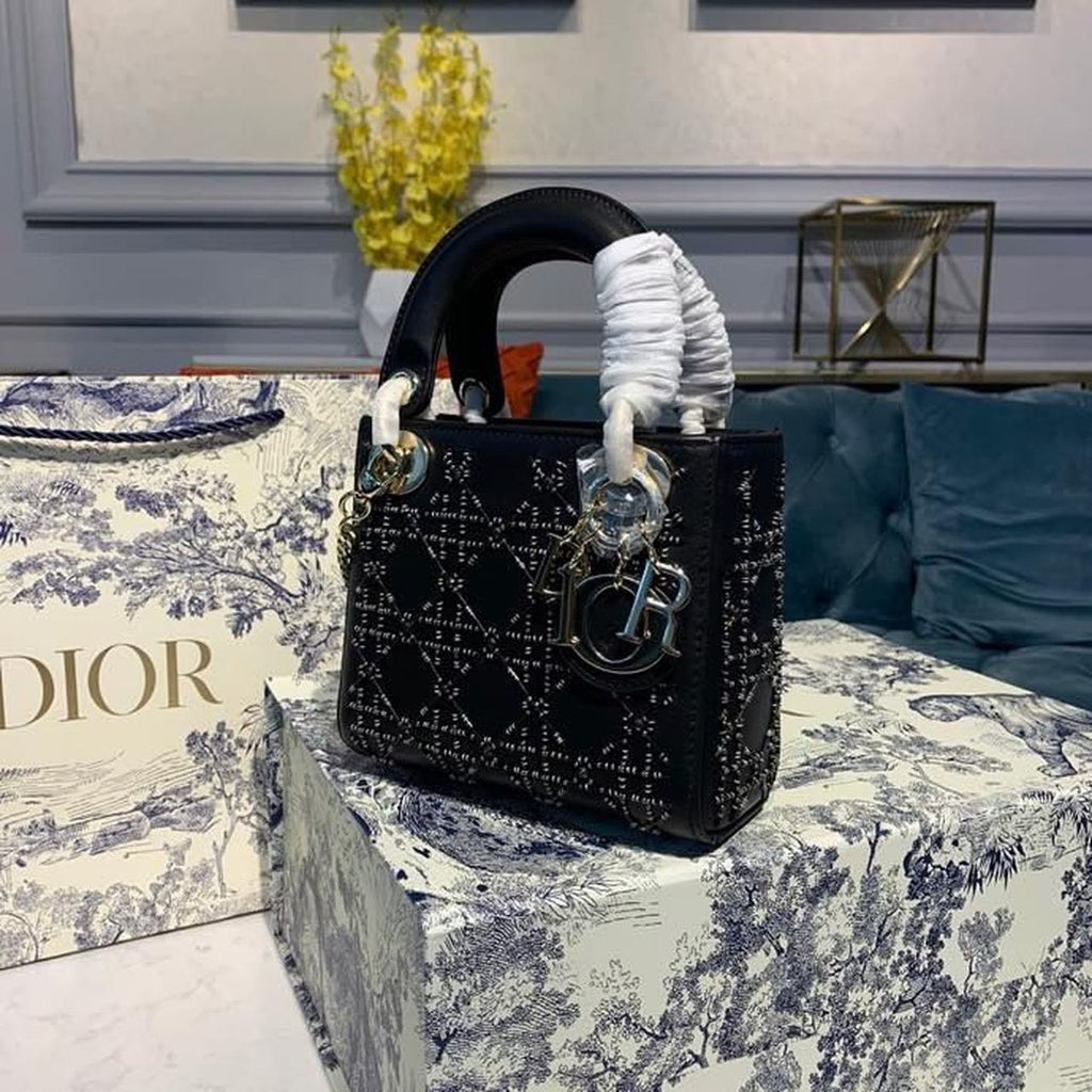 Christian Dior Mini Lady Dior Bag 18cm with Chain Silver Hardware Embroidered Lambskin Leather Spring/Summer Collection, Black