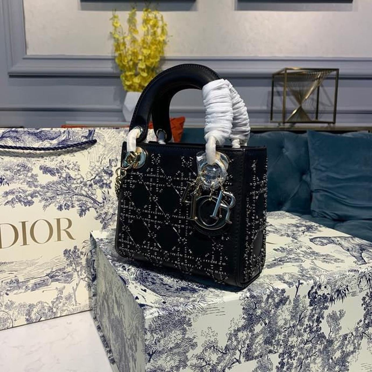 Christian Dior Mini Lady Dior Bag 18cm with Chain Silver Hardware Embroidered Lambskin Leather Spring/Summer Collection, Black