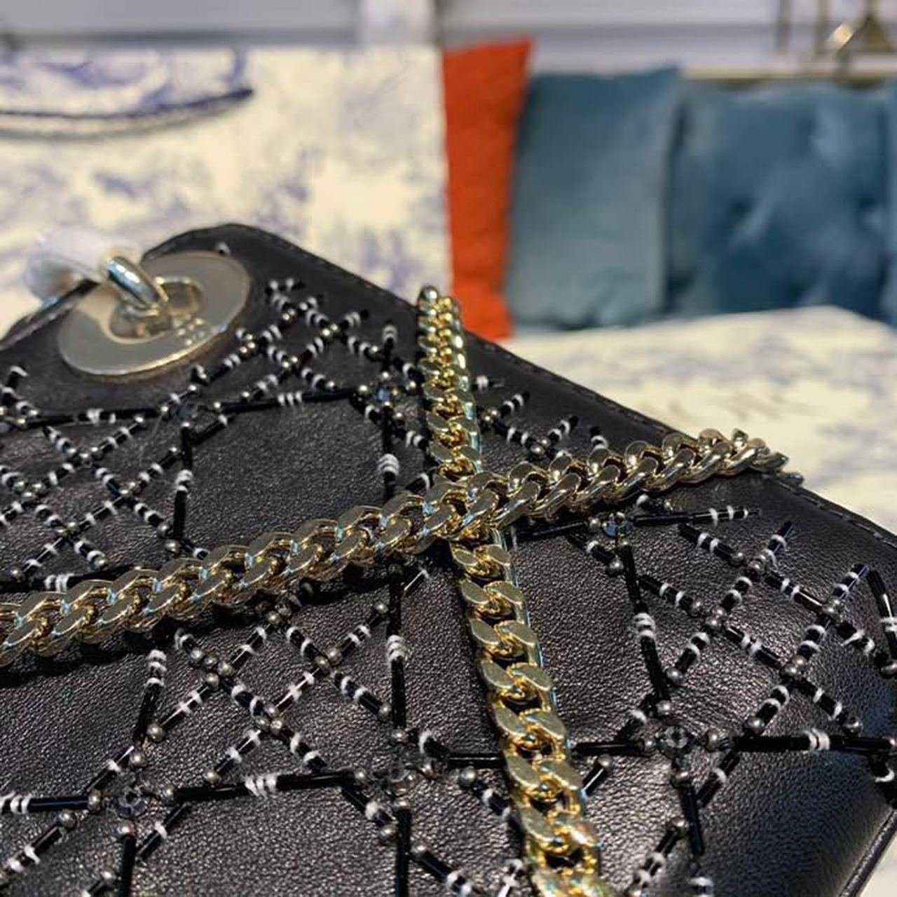 Christian Dior Mini Lady Dior Bag 18cm with Chain Silver Hardware Embroidered Lambskin Leather Spring/Summer Collection, Black