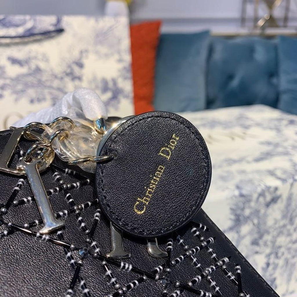 Christian Dior Mini Lady Dior Bag 18cm with Chain Silver Hardware Embroidered Lambskin Leather Spring/Summer Collection, Black