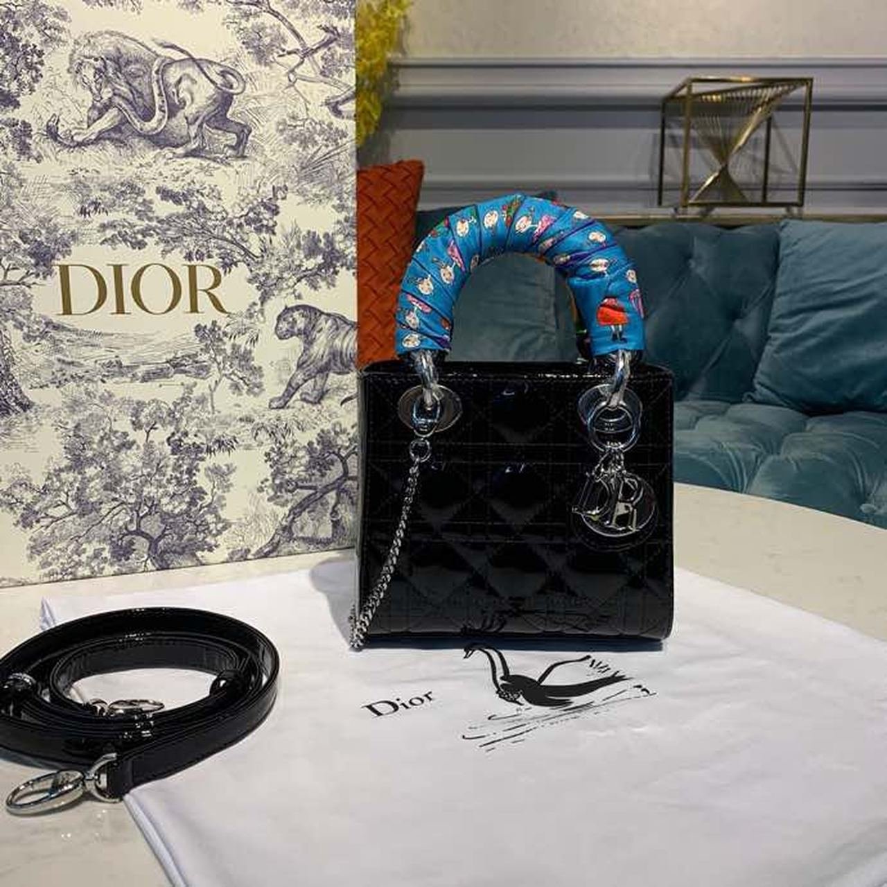 Christian Dior Mini Lady Dior Bag 18cm with Chain Silver Hardware Patent Leather Spring/Summer Collection, Black