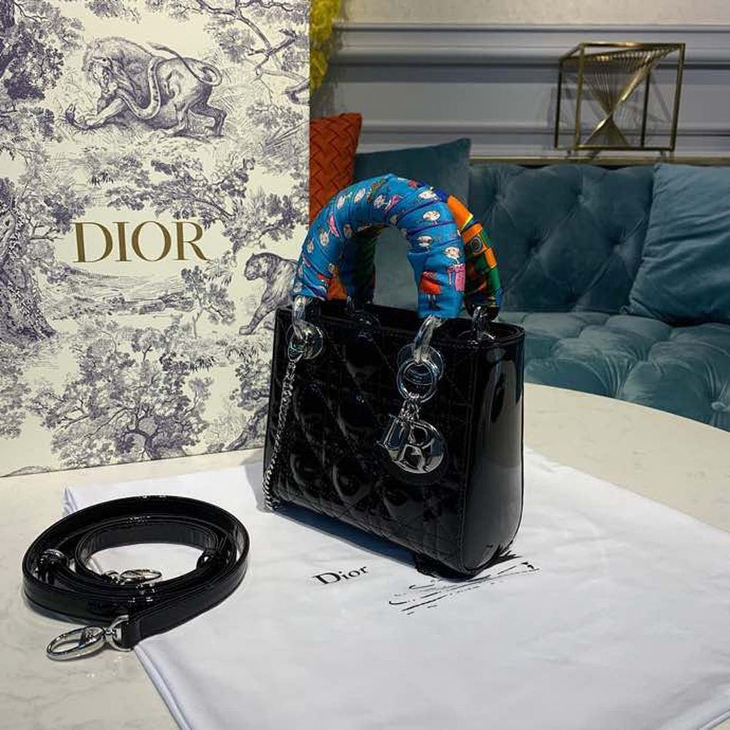 Christian Dior Mini Lady Dior Bag 18cm with Chain Silver Hardware Patent Leather Spring/Summer Collection, Black