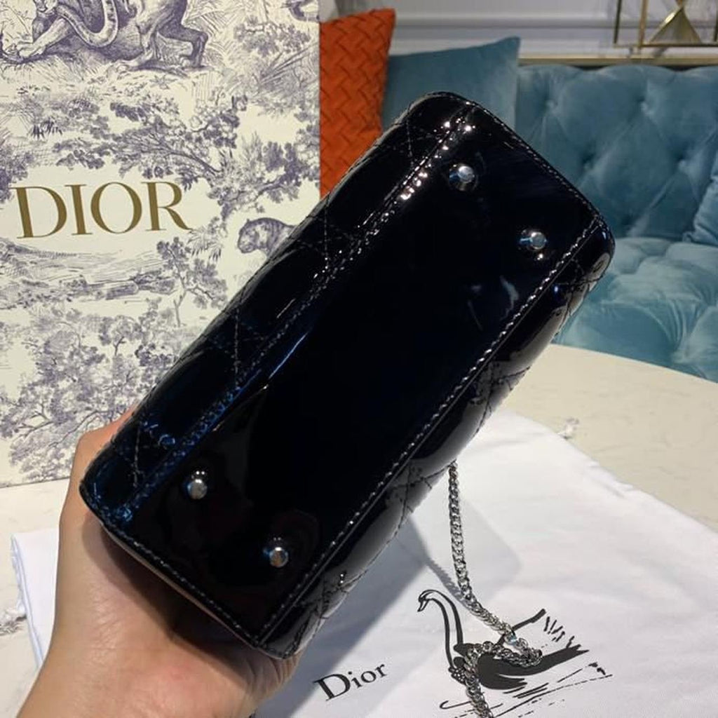 Christian Dior Mini Lady Dior Bag 18cm with Chain Silver Hardware Patent Leather Spring/Summer Collection, Black