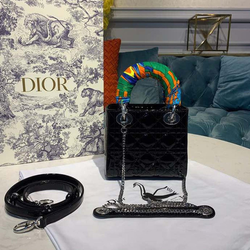 Christian Dior Mini Lady Dior Bag 18cm with Chain Silver Hardware Patent Leather Spring/Summer Collection, Black