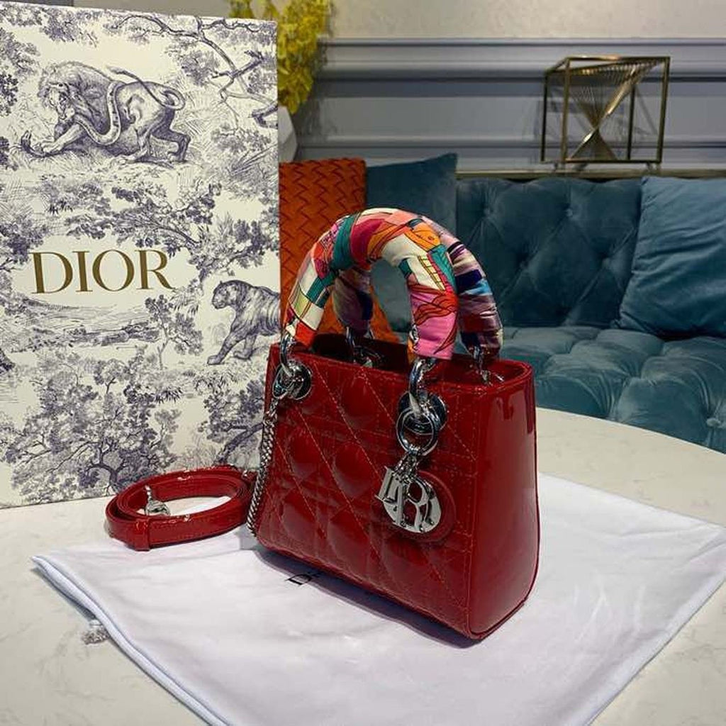 Christian Dior Mini Lady Dior Bag 18cm with Chain Silver Hardware Patent Leather Spring/Summer Collection, Red