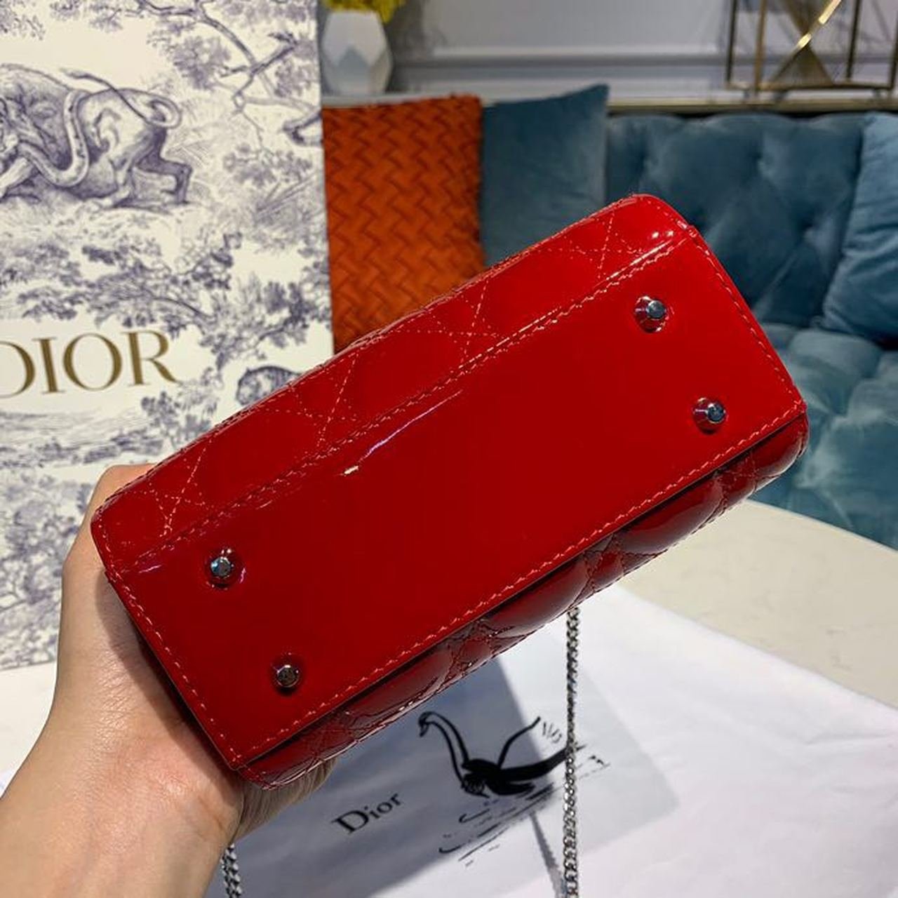 Christian Dior Mini Lady Dior Bag 18cm with Chain Silver Hardware Patent Leather Spring/Summer Collection, Red