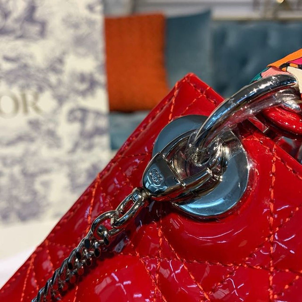 Christian Dior Mini Lady Dior Bag 18cm with Chain Silver Hardware Patent Leather Spring/Summer Collection, Red
