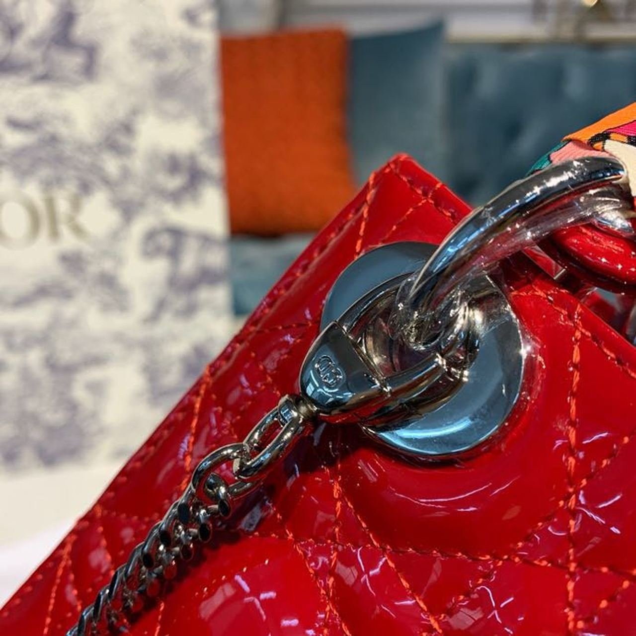 Christian Dior Mini Lady Dior Bag 18cm with Chain Silver Hardware Patent Leather Spring/Summer Collection, Red