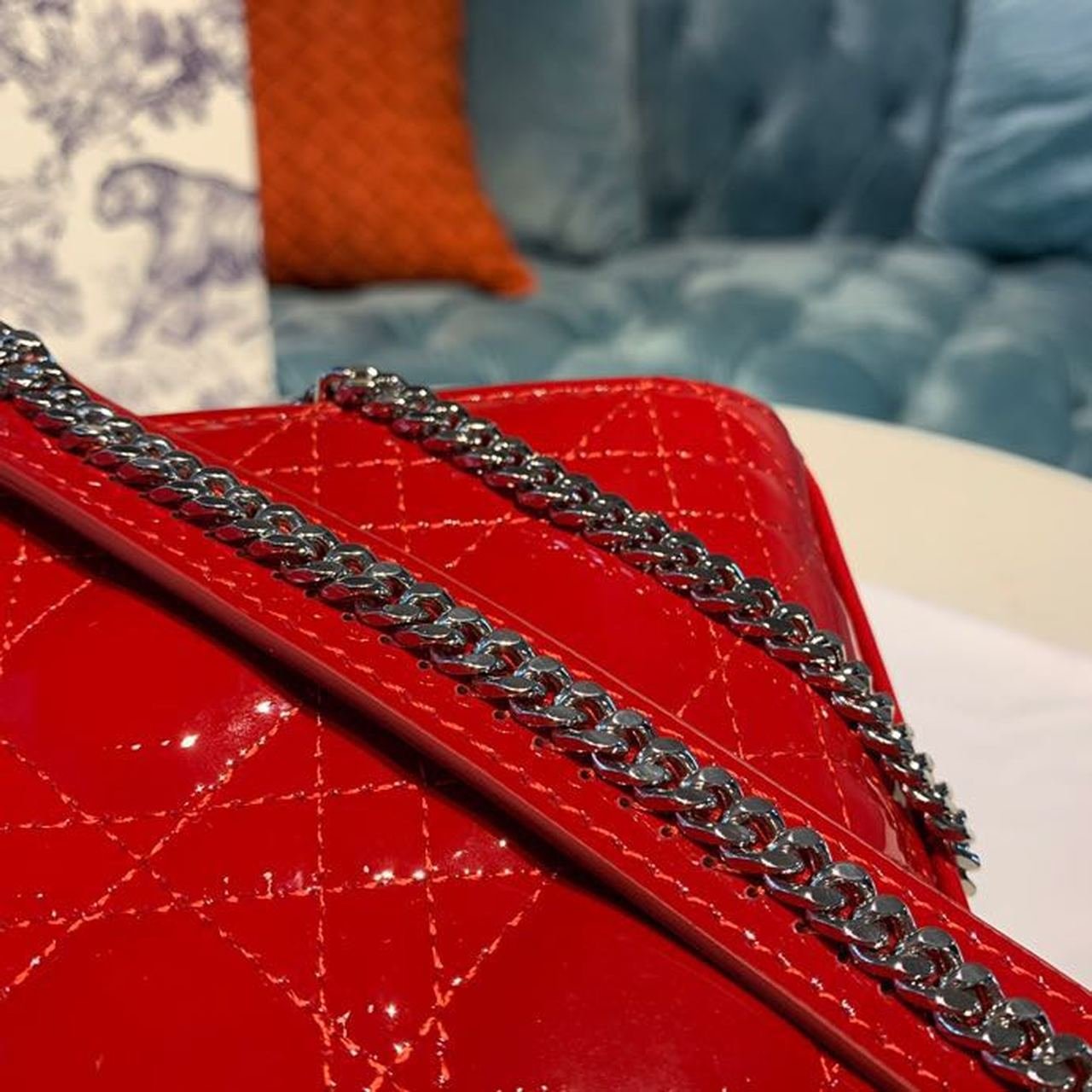 Christian Dior Mini Lady Dior Bag 18cm with Chain Silver Hardware Patent Leather Spring/Summer Collection, Red