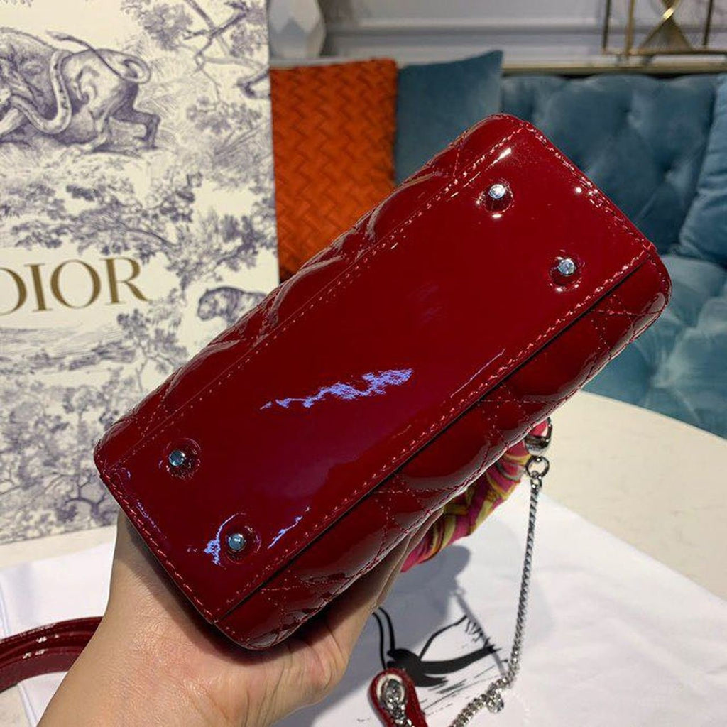 Christian Dior Mini Lady Dior Bag 18cm with Chain Silver Hardware Patent Leather Spring/Summer Collection, Burgundy