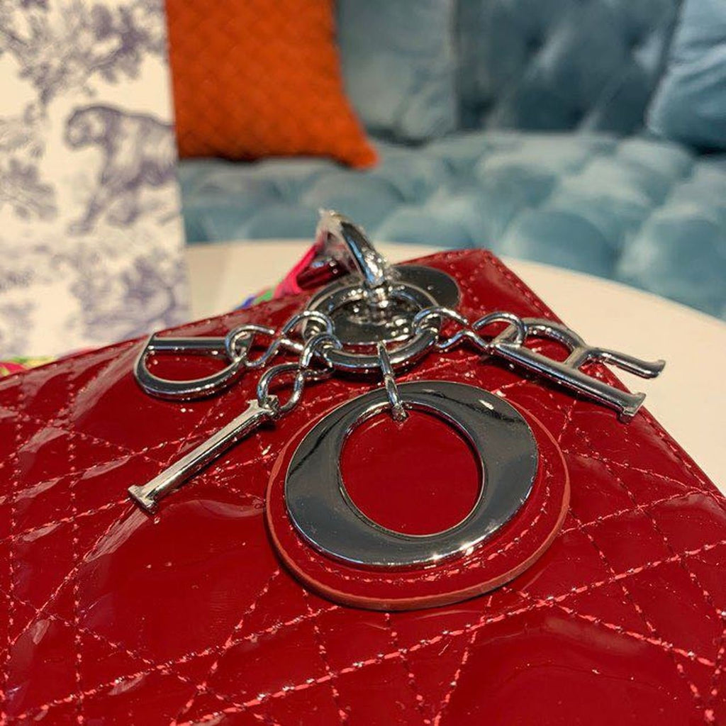 Christian Dior Mini Lady Dior Bag 18cm with Chain Silver Hardware Patent Leather Spring/Summer Collection, Burgundy