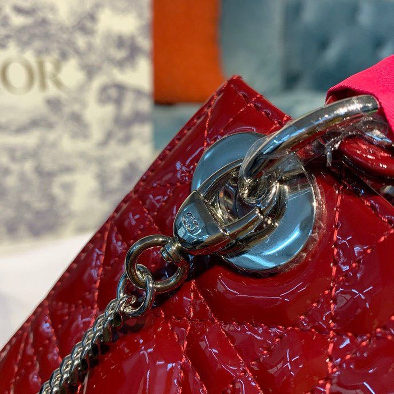 Christian Dior Mini Lady Dior Bag 18cm with Chain Silver Hardware Patent Leather Spring/Summer Collection, Burgundy