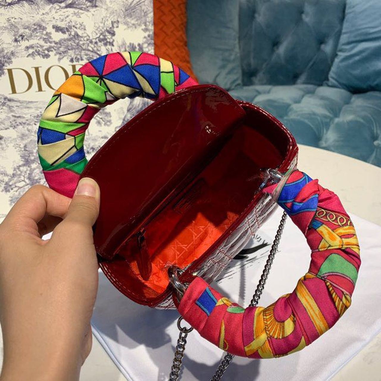 Christian Dior Mini Lady Dior Bag 18cm with Chain Silver Hardware Patent Leather Spring/Summer Collection, Burgundy