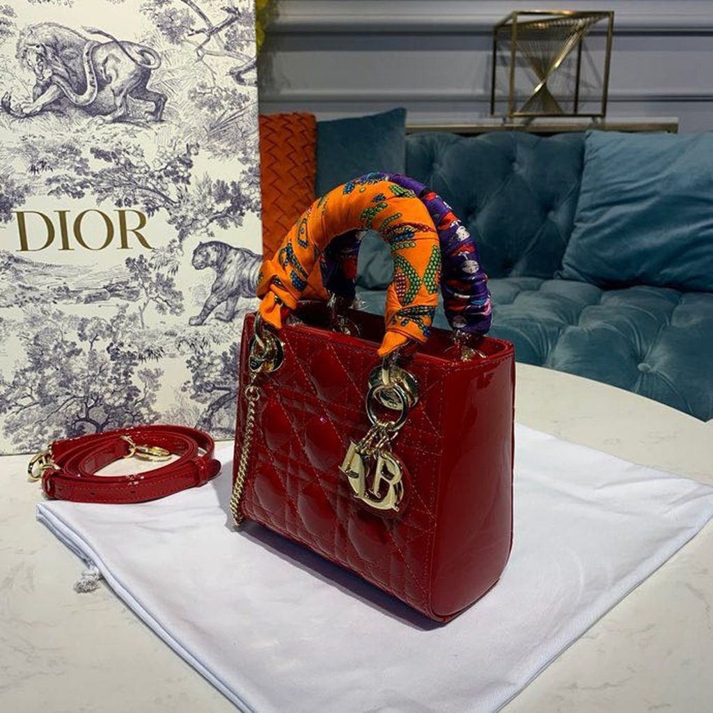 Christian Dior Mini Lady Dior Bag 18cm with Chain Gold Hardware Patent Leather Spring/Summer Collection, Red
