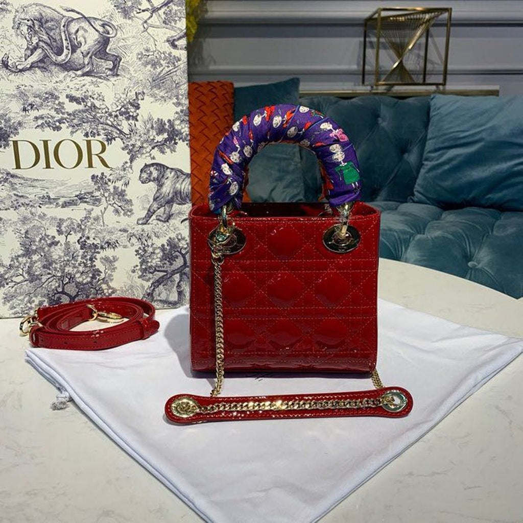 Christian Dior Mini Lady Dior Bag 18cm with Chain Gold Hardware Patent Leather Spring/Summer Collection, Red
