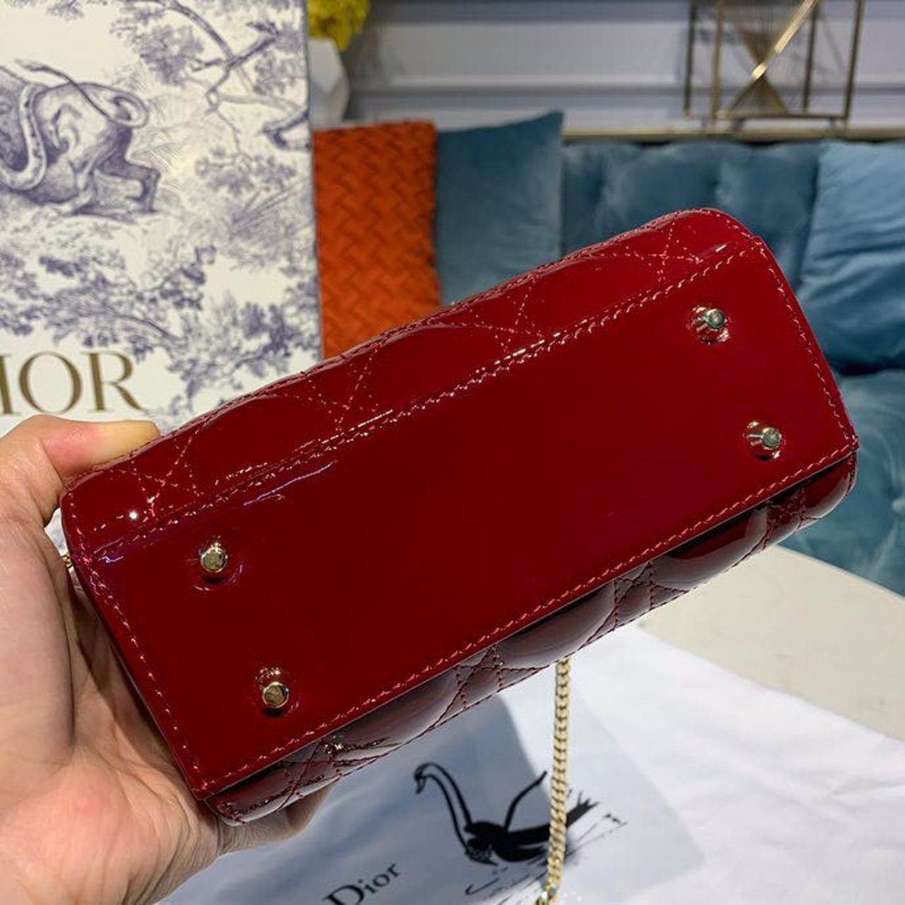 Christian Dior Mini Lady Dior Bag 18cm with Chain Gold Hardware Patent Leather Spring/Summer Collection, Burgundy
