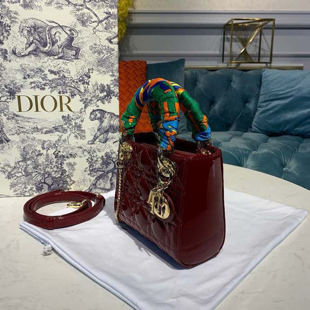 Christian Dior Mini Lady Dior Bag 18cm with Chain Gold Hardware Patent Leather Spring/Summer Collection, Burgundy