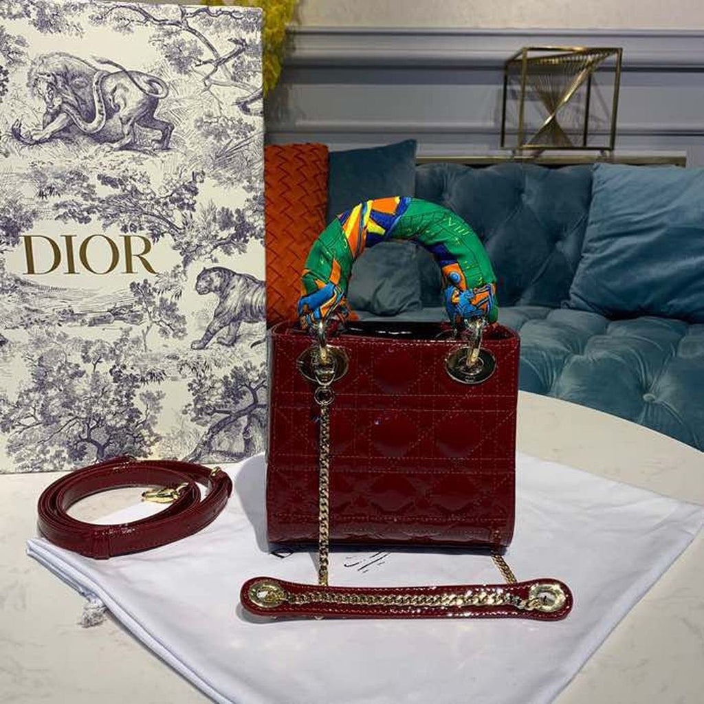 Christian Dior Mini Lady Dior Bag 18cm with Chain Gold Hardware Patent Leather Spring/Summer Collection, Burgundy