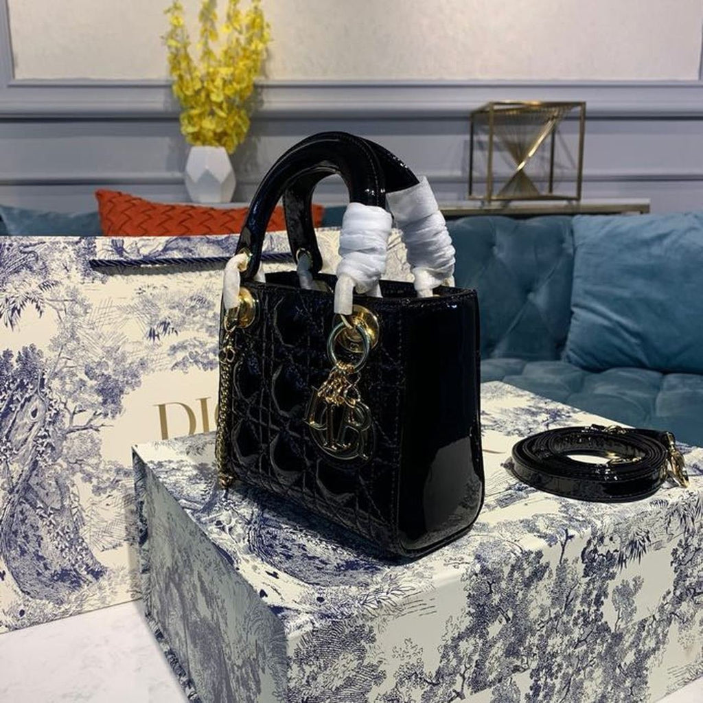 Christian Dior Mini Lady Dior Bag 18cm with Chain Gold Hardware Patent Leather Spring/Summer Collection, Black
