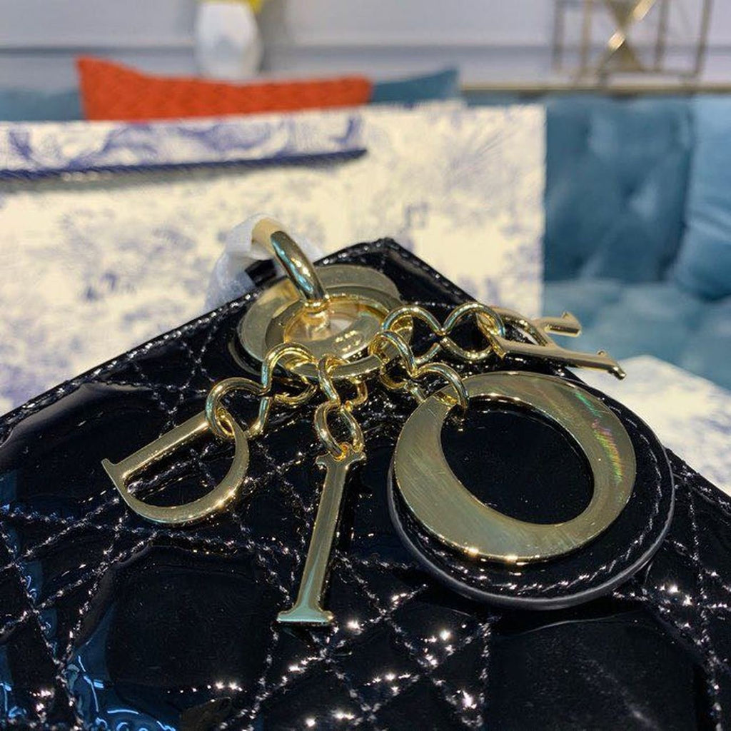 Christian Dior Mini Lady Dior Bag 18cm with Chain Gold Hardware Patent Leather Spring/Summer Collection, Black