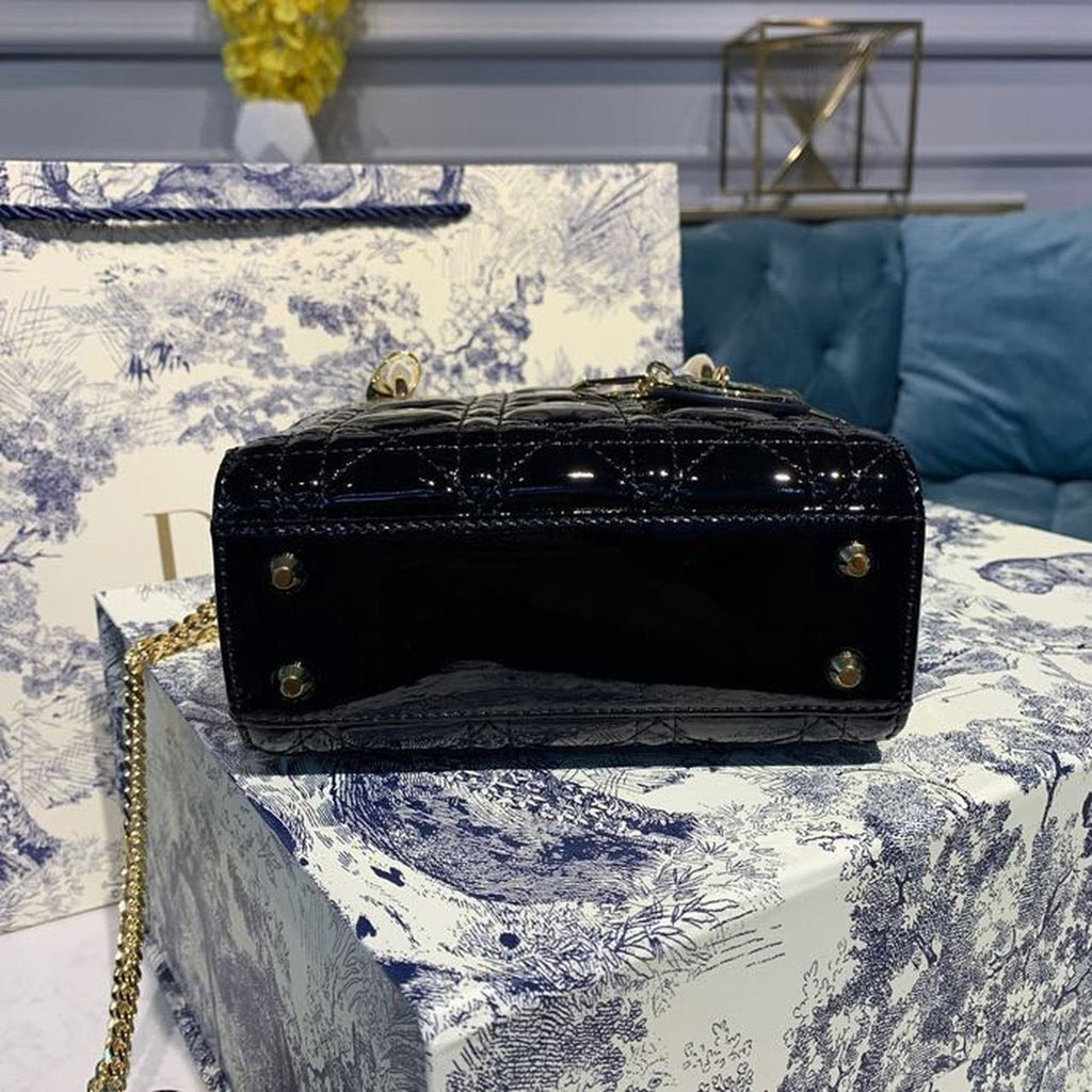 Christian Dior Mini Lady Dior Bag 18cm with Chain Gold Hardware Patent Leather Spring/Summer Collection, Black