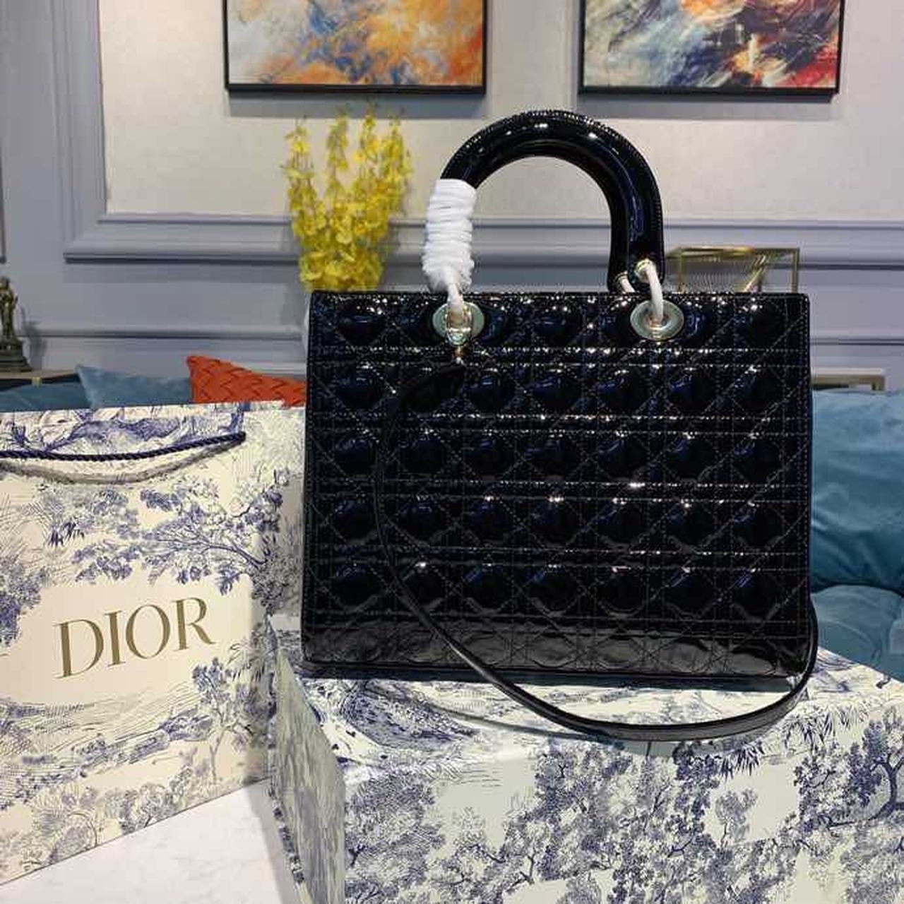 Christian Dior Lady Dior Bag 32cm Gold Hardware Patent Leather Spring/Summer Collection, Black
