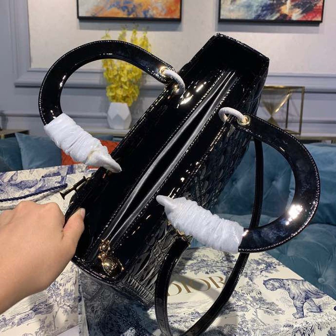 Christian Dior Lady Dior Bag 32cm Gold Hardware Patent Leather Spring/Summer Collection, Black