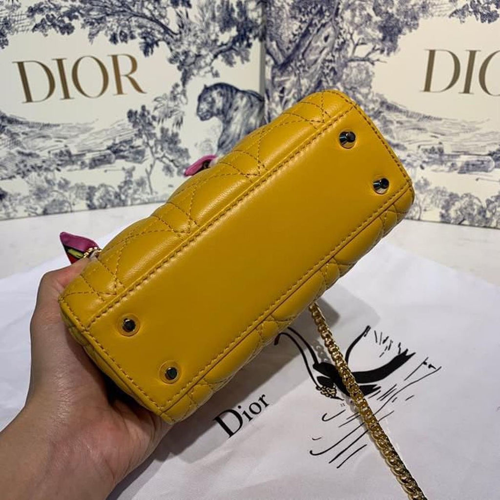 Christian Dior Mini Lady Dior Bag 18cm with Chain Silver Hardware Lambskin Leather Spring/Summer Collection, Yellow