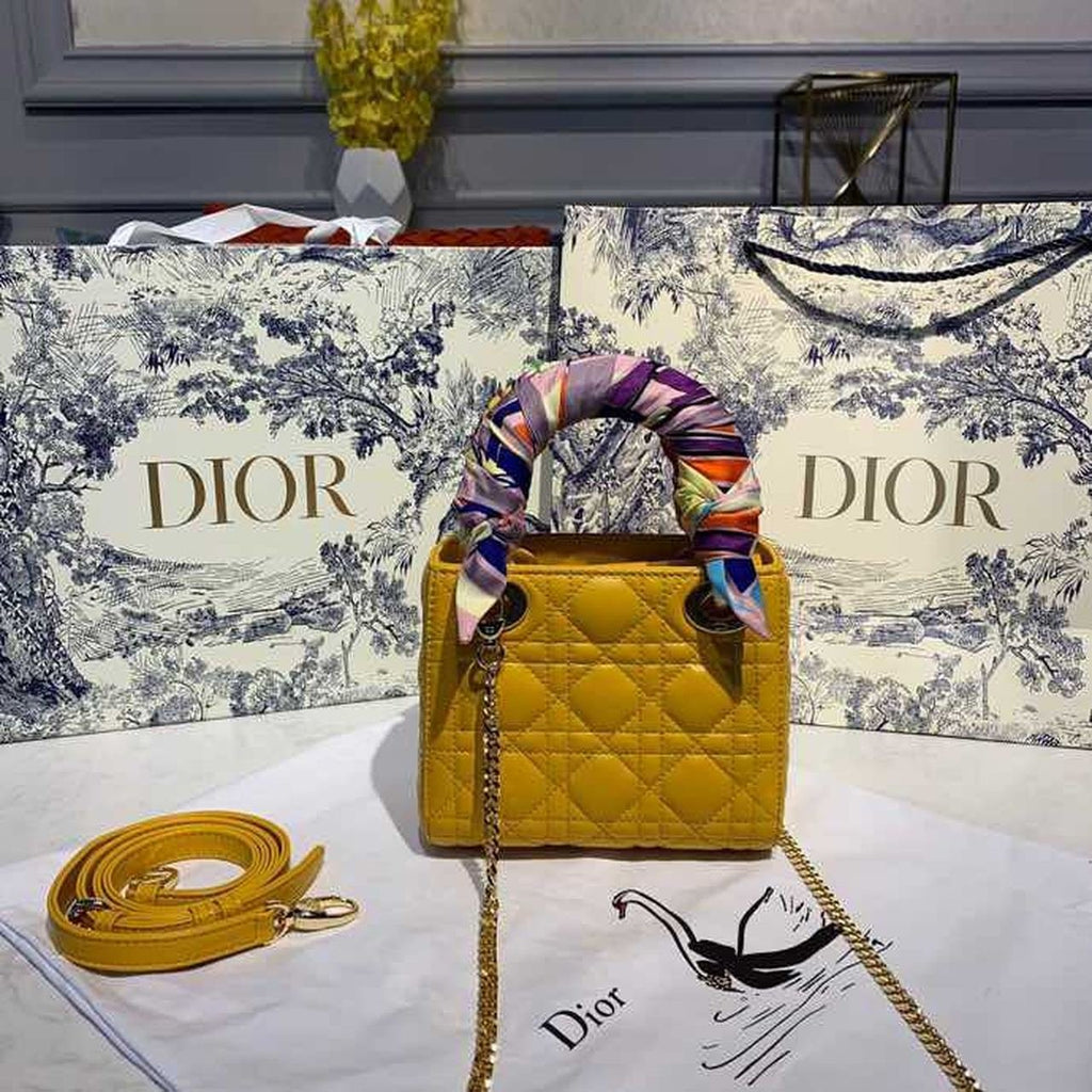 Christian Dior Mini Lady Dior Bag 18cm with Chain Silver Hardware Lambskin Leather Spring/Summer Collection, Yellow