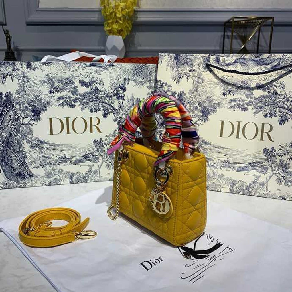 Christian Dior Mini Lady Dior Bag 18cm with Chain Silver Hardware Lambskin Leather Spring/Summer Collection, Yellow