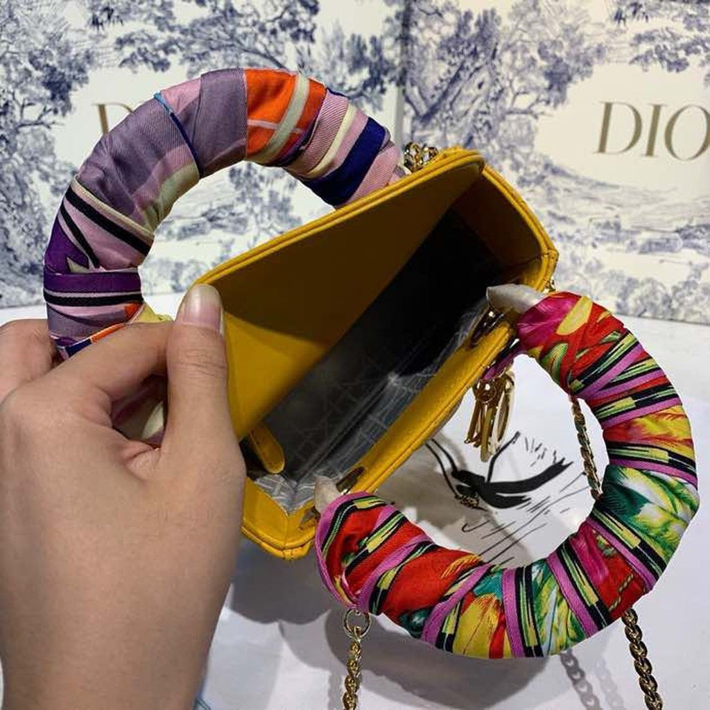 Christian Dior Mini Lady Dior Bag 18cm with Chain Silver Hardware Lambskin Leather Spring/Summer Collection, Yellow