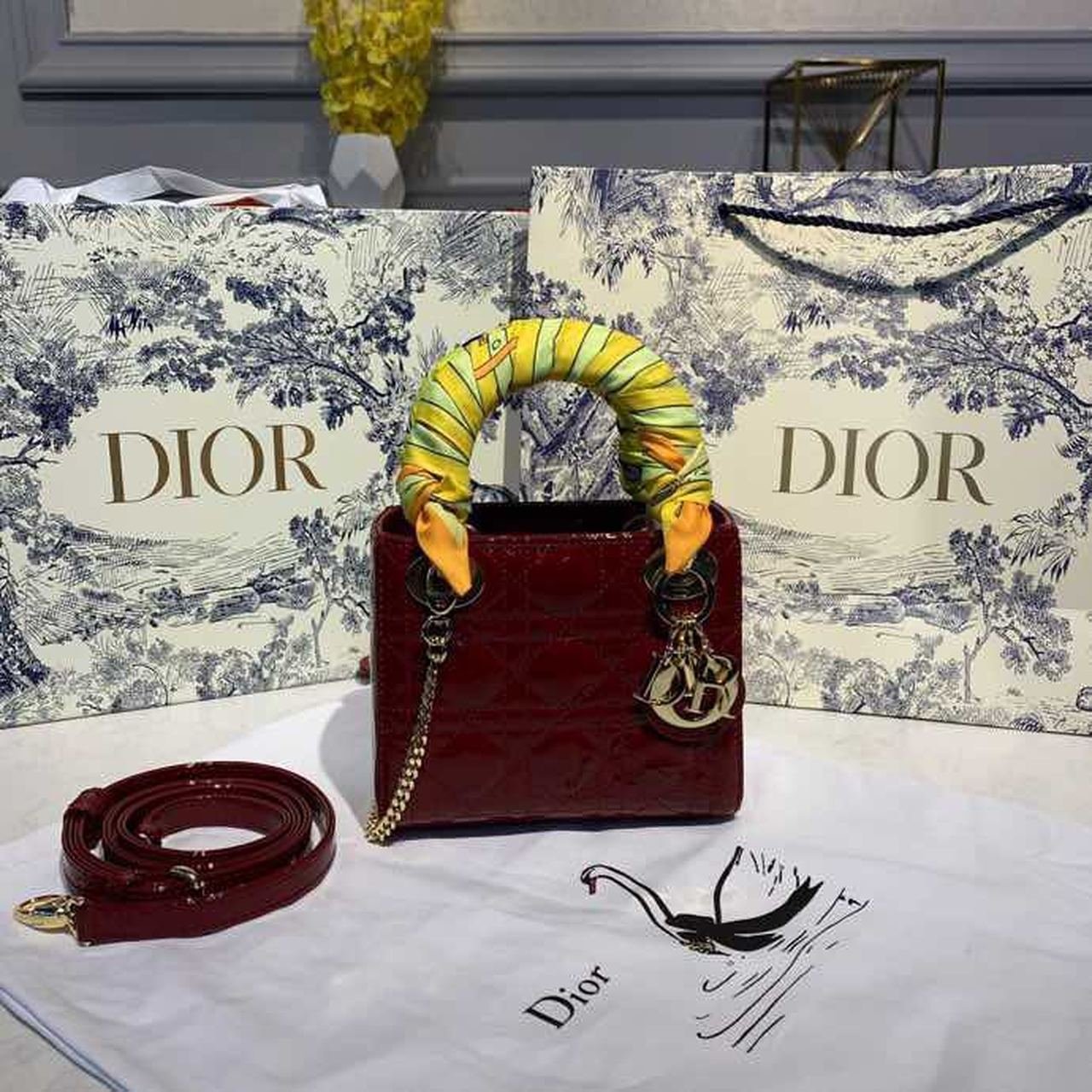 Christian Dior Mini Lady Dior Bag 18cm with Chain Gold Hardware Patent Leather Spring/Summer Collection, Burgundy