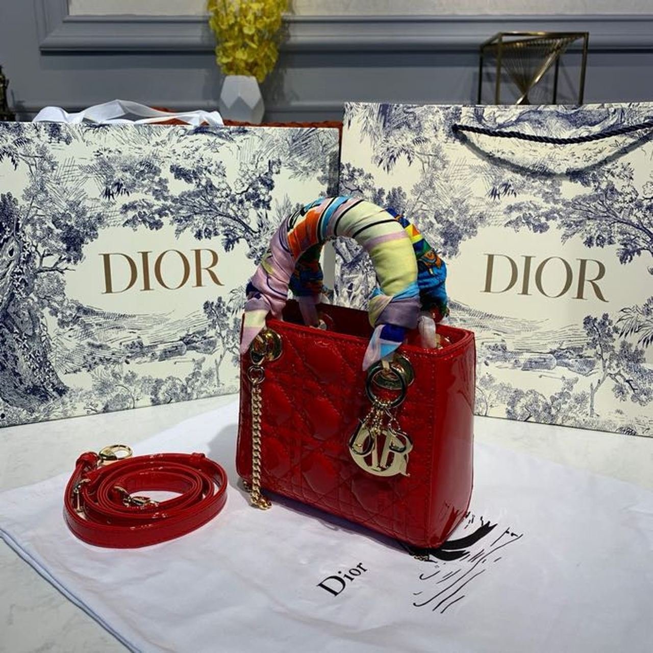 Christian Dior Mini Lady Dior Bag 18cm with Chain Gold Hardware Patent Leather Spring/Summer Collection, Red