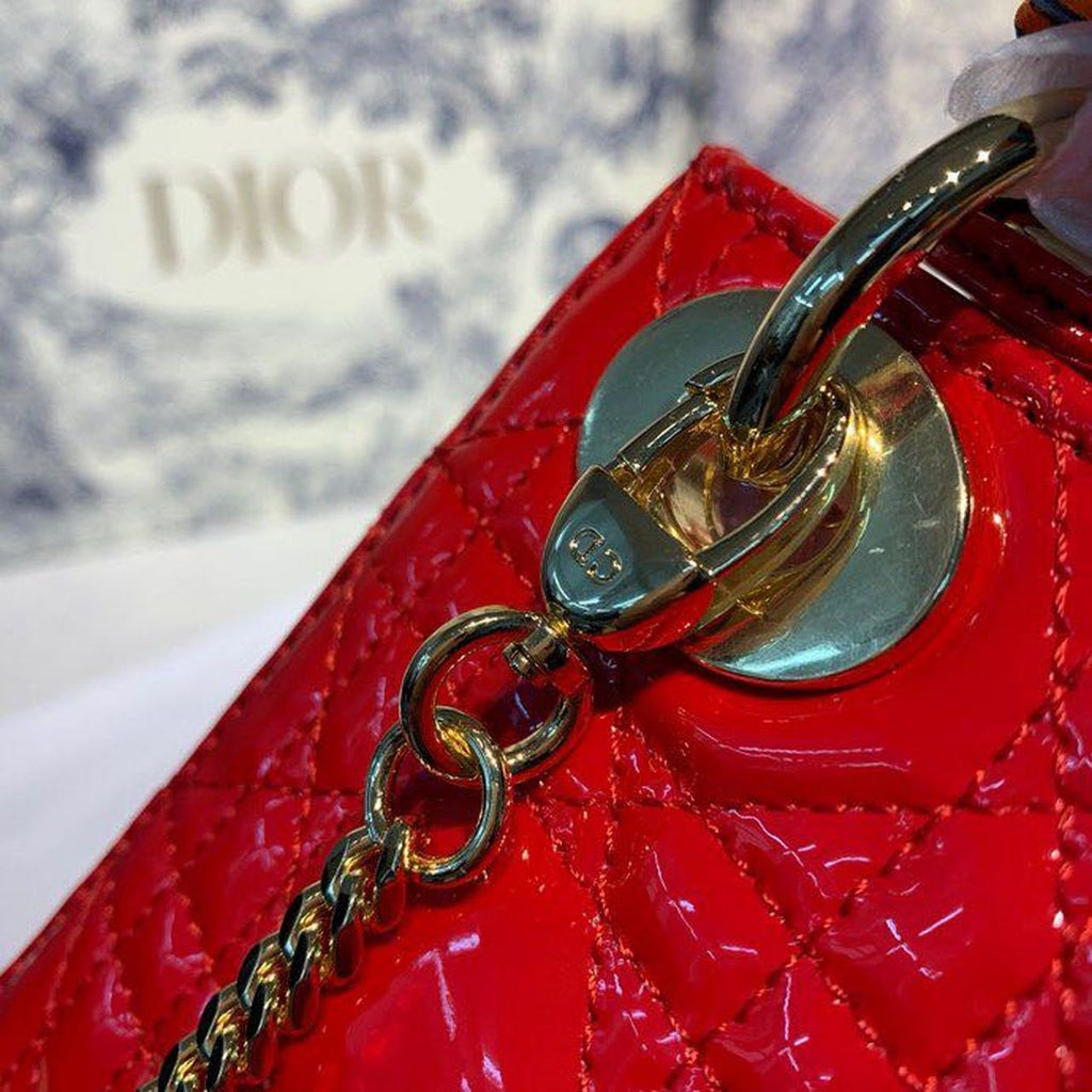 Christian Dior Mini Lady Dior Bag 18cm with Chain Gold Hardware Patent Leather Spring/Summer Collection, Red