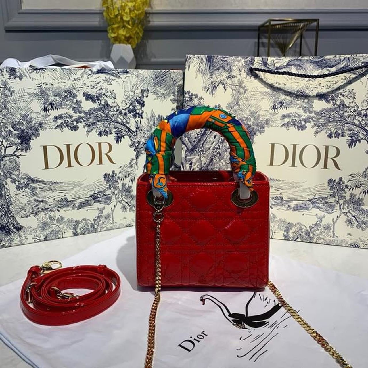 Christian Dior Mini Lady Dior Bag 18cm with Chain Gold Hardware Patent Leather Spring/Summer Collection, Red