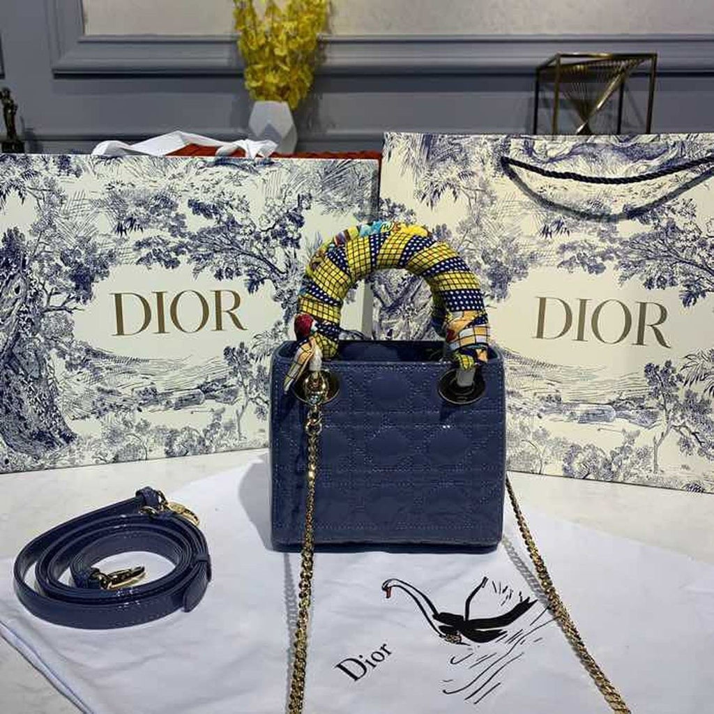 Christian Dior Mini Lady Dior Bag 18cm with Chain Silver Hardware Patent Leather Spring/Summer Collection, Deep Blue