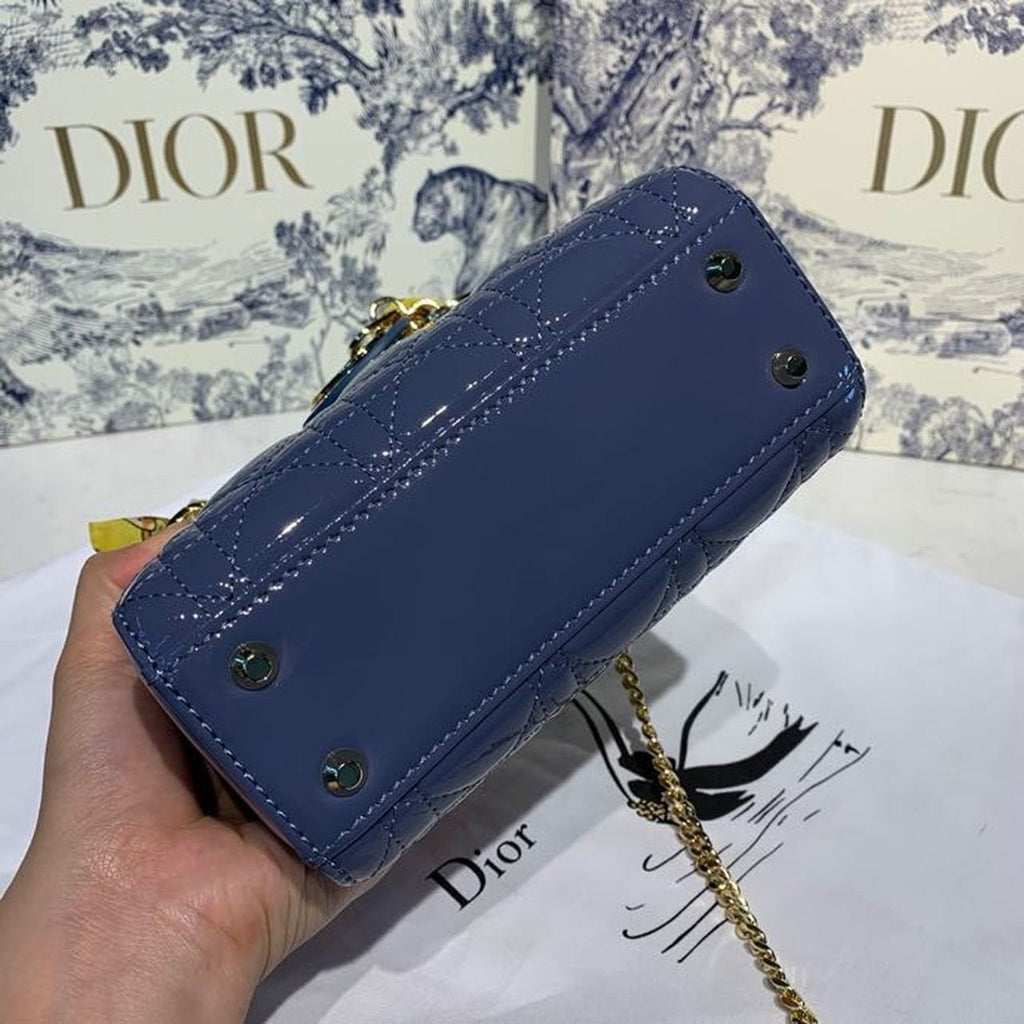 Christian Dior Mini Lady Dior Bag 18cm with Chain Silver Hardware Patent Leather Spring/Summer Collection, Deep Blue