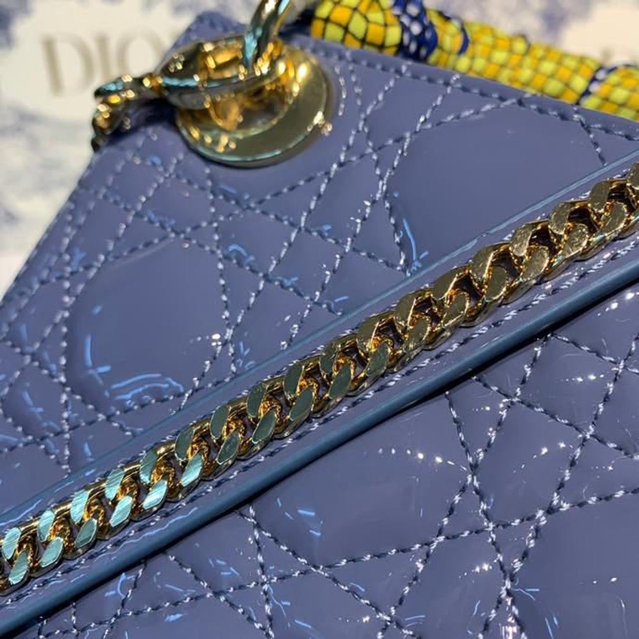 Christian Dior Mini Lady Dior Bag 18cm with Chain Silver Hardware Patent Leather Spring/Summer Collection, Deep Blue