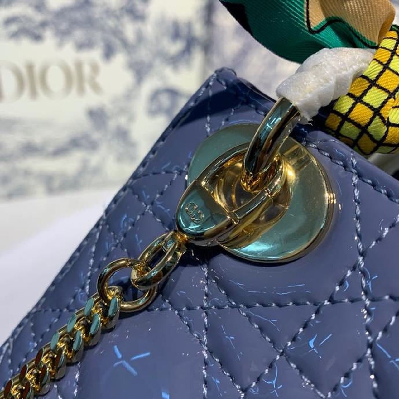 Christian Dior Mini Lady Dior Bag 18cm with Chain Silver Hardware Patent Leather Spring/Summer Collection, Deep Blue