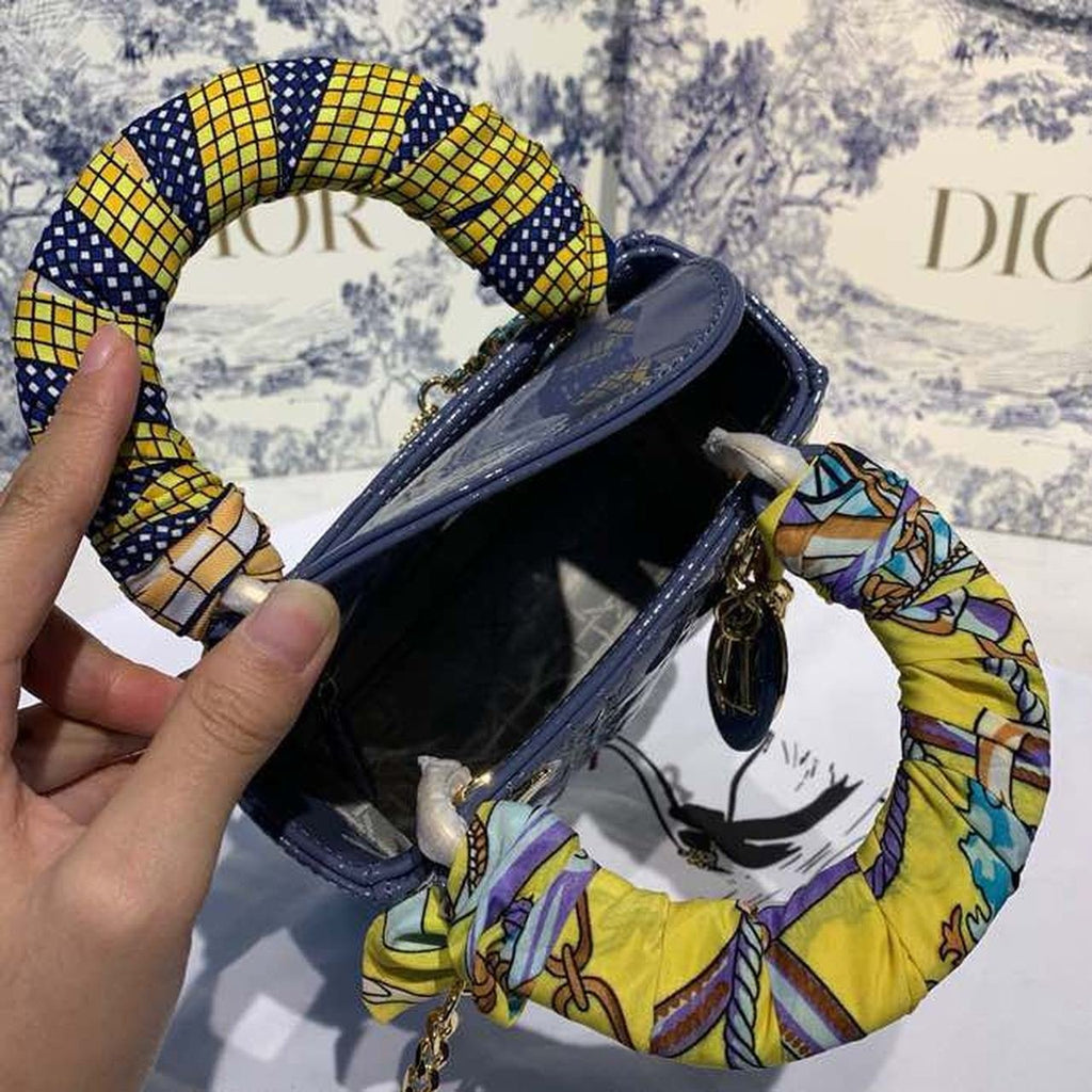 Christian Dior Mini Lady Dior Bag 18cm with Chain Silver Hardware Patent Leather Spring/Summer Collection, Deep Blue