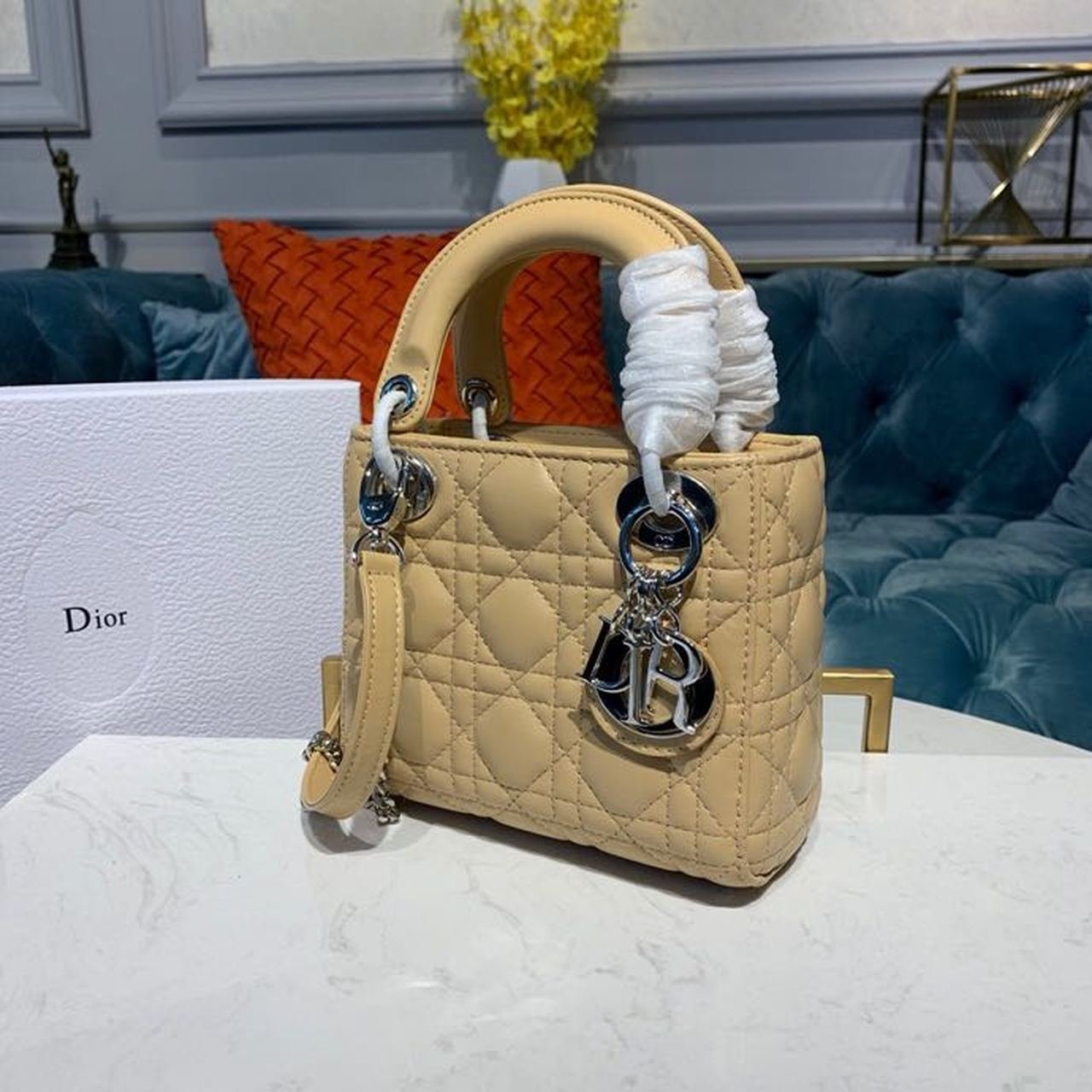 Christian Dior Mini Lady Dior Bag 18cm with Chain Silver Hardware Lambskin Leather Spring/Summer Collection, Beige